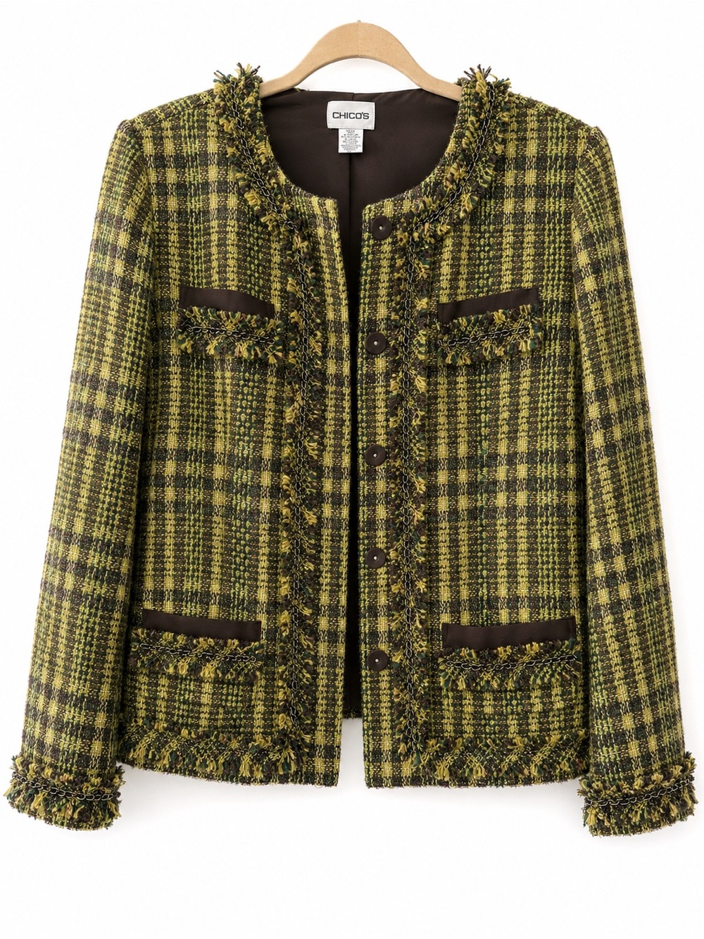 Chico’s Tweed Plaid Blazer Jacket Size 1 M Brown Green Fringe
